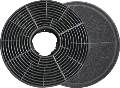 Two circular charcoal filters for a kitchen hood, one with a grate and one with a porous surface.