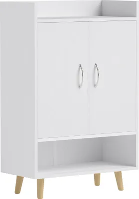 Image de Meuble à chaussures blanc 60x30x92cm (bois massif) : portes + étagères, 12 chaussures, moderne, rangement (couloir/entrée)