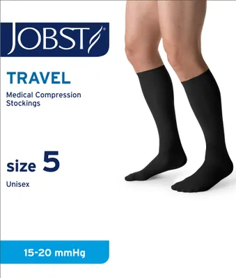 Produktbild von JOBST Travel Reisestrümpfe für Damen und Herren - hilft, Reisethrombosen vorzubeugen - weich, atmungsaktiv dank 33% Baumwollanteil, Schwarz, Size 5