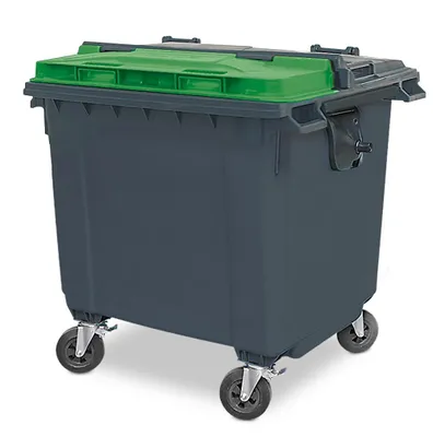 Produktbild von Müllcontainer, 1100 Liter, nach EN 840, BxTxH 1370x1075x1330 mm, (PE-HD), anthrazit, grüner Deckel im Flachdeckel