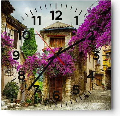 Produktbild von Wanduhr - Quadrat - Glasuhr - Straße Sommer Blumen - 30x30cm - Schleichendes Uhrwerk - Lautlos - zum Aufhängen bereit - Dekoration Modern - Wanddekoration aus Glas - C4AC30x30-3589