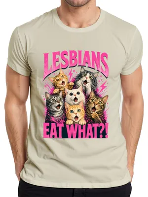 Obrázok produktu pre Lesby jedia čo?! Zábavné motívy mačiek, LGBTQ vyhlásenie, sarkazmus, pánske tričko, prírodná farba, veľkosť S