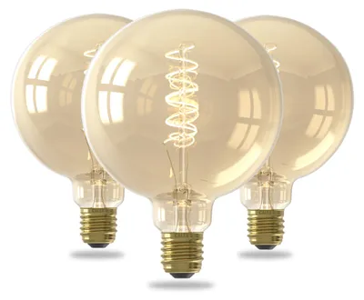 Three vintage-style LED light bulbs with spiral filaments are arranged in a group against a white background.