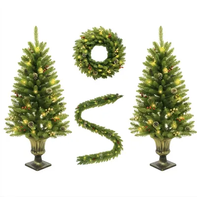 Produktbild von 4-teiliges Weihnachtsdeko Set mit LED Beleuchtung – 2x Weihnachtsbaum 120 cm, Kranz 60 cm & Girlande 270 cm – Komplettset mit Dekoration