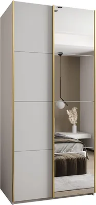 A modern wardrobe with mirrored doors and gold accents.