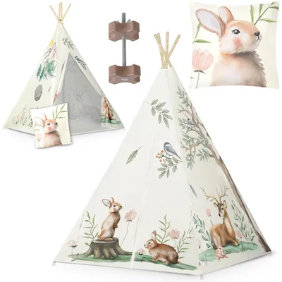 Immagine prodotto di Omgoods - Tenda da gioco per bambini a forma di tipì indiano, con motivo di coniglietti - Beige - Include cuscino