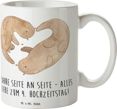 Produktbild von Mr. & Mrs. Panda Kaffeetasse 4. Hochzeitstag Seidenhochzeit - Weiß - Geschenk, Tasse, Heirat, Heiraten, Ehe, Pott, Teetasse, Geschenke, Liebe, Kaffeebecher, Feier