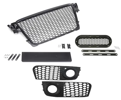 Kühlergrill SCHWARZ Matt + GITTER Emblem Halter für Audi A4 B8 8K 2007-2012 – Produktansicht