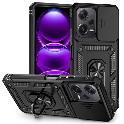 Immagine prodotto di Xiaomi Redmi Note 12 5G custodia a doppio strato con copertura scorrevole della fotocamera e supporto ad anello nero