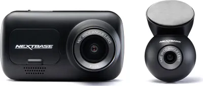 A black Nextbase dashcam and its rear camera are displayed against a white background.