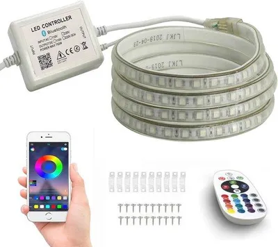 Produktbild von Bluelicht-LED-Schaltstreifen Bluetooth-fähig - dimmbarer Lichtstreifen 5050 SMD 60 LEDs/m - wasserdicht - mit Steckdosenadapter & Fernbedienung - 2m, 220V