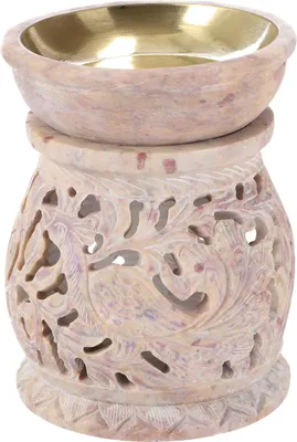 Produktbild von Indische Duftlampe, ätherisches Öl Diffusor, Teelicht Halter für Aromatherapie, Aromalampe aus Speckstein - Rund Pfau, Creme-weiß, 11*9*9 cm, Duftlampen & Öllampen