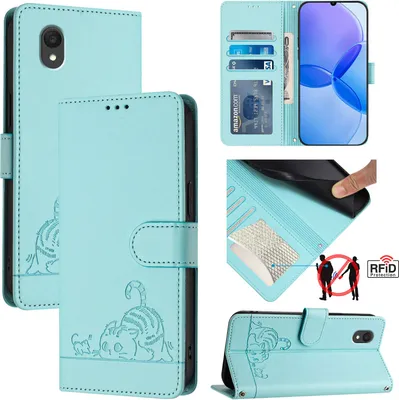 Produktbild von Leder Hülle für TCL 201 Süße Katze Flip Case Brieftasche Schutzhülle mit Standfunktion hellgrün