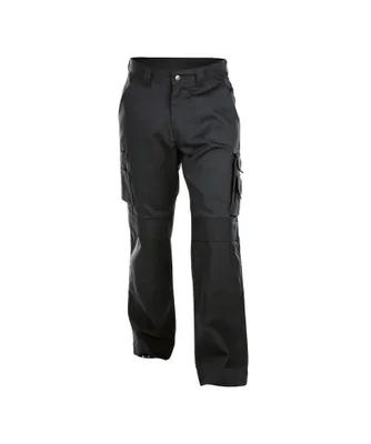 A pair of black work pants is shown against a white background.