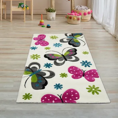 Produktbild von Kinderzimmer-Teppich mit Schmetterlingen in creme pink Größe - 80 x 150 cm