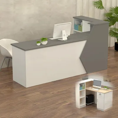 Image de Comptoir de réception, comptoir d'accueil, guichet de en bois avec espace de rangement, dimensions 120x60x100 cm, couleur gris et blanc