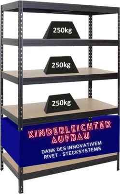 Produktbild von Schwerlastregal Rivet | HxBxT 180x120x60 cm | Fachlast 250kg | Innovatives Stecksystem | Schwarz