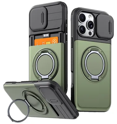 Image de Coque de protection pour iPhone 16 Pro Max avec porte-cartes, protection coulissante pour l'appareil photo, support à anneau et protection anti-chocs, couleur verte
