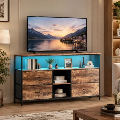 Productafbeelding van INONEFT TV-kast met 4 stoffen lades en LED-verlichting, 108x30x76.8 cm. TV-meubel met 3 open vakken en metalen frame, TV-kast, houtkleur
