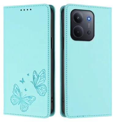 Obrázek produktu pro Kožené pouzdro pro Xiaomi Redmi 15C 5G/4G, motýlí ražbou, peněženkové flip pouzdro se stojánkem Mátově zelená