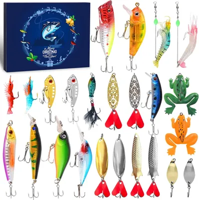 Image de Set de 24 surprises sur le thème de la pêche - Pour hommes et garçons - Calendrier de l'Avent - Crochets de pêche - Boîte à leurres - Cadeau de Noël - Cadeau pour lui