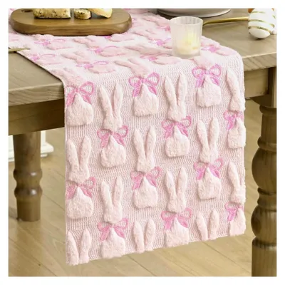 Produktbild von Weicher Plüsch Samt Tischläufer mit rosa Hasen und Schleife für Ostern, 33x183 cm