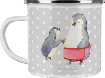 Produktbild von Mr. & Mrs. Panda Teetasse Pinguin mit Kind - Grau Pastell - Geschenk, Mami, Pott, Emaille Tasse, becher, Mutter, Teebecher, Muttertag, Pinguine, Blechtasse, Vorbild Mama