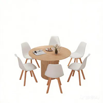 Productafbeelding van Eettafel van rundsleder met 6 stoelen, 120 cm, lichtbruin + wit
