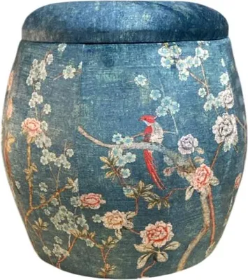 Immagine prodotto di Sgabello in velluto fine Asianliving con coperchio pouf rotondo a motivo di uccelli blu D43xH43cm