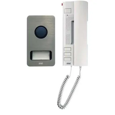 A white intercom handset and a gray door station are shown against a white background.