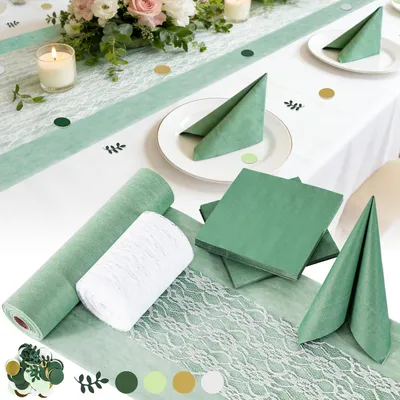 Obrázok produktu pre Stolová dekorácia set eukalyptus zelená, obrus 30 cm x 25 m, čipkovaná stuha 15