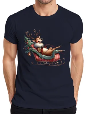 Obrázok produktu pre Lenivý sob na saniach Vianočný vtipný darček Karikatúra Pánske tričko, námorná farba, S