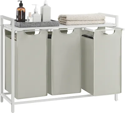 Produktbild von VASAGLE kosz na pranie 3 przegrody, z półką, wysuwany, zdejmowany, 3 x 38 L, biały