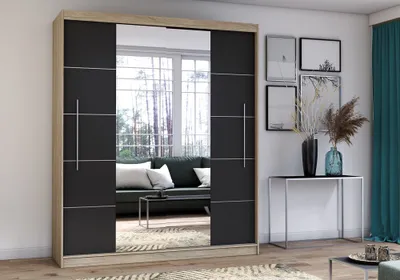 Produktbild von Schwebetürenschrank Kleiderschrank Schrank 204cm  SONOMA/SCHWARZ mit zwei Spiegeln, Zierleisten und LED Beleuchtung Torino