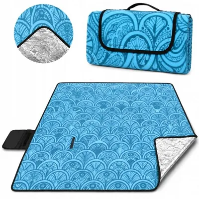 Produktbild von Große Picknickdecke 2x2m XXL – Wasserdichte Stranddecke mit Thermo-Isolierung – Faltbare Campingmatte Blau aus weichem Flanell mit Tragegriff