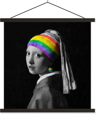 Produktbild von MuchoWow® Textilposter Das Mädchen mit dem Perlenohrring - Vermeer - Regenbogen 120x120 cm mit schwarzem Rahmen - Aufhängungsset