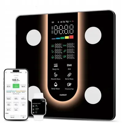 Immagine prodotto di Bilancia Bluetooth FARROT® Smart 180 kg – 21 analisi corporee, BMI, grasso corporeo, app FeelFit