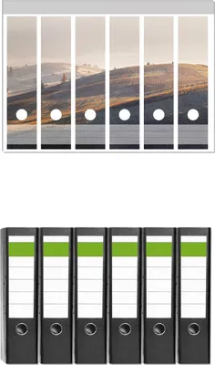 Produktbild von Wallario 6 Stück breite Ordner inkl. Klebeetiketten mit Motive Herbstliche Felder bei Sonnenaufgang -  Set mit Rückenschildern / Ordnerrücken Stickern