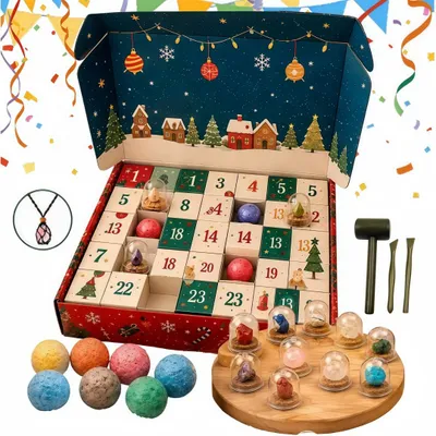 Produktbild von Edelstein-Adventskalender, 24 Mineralien als Deko&Schmuck, Edelstein Ausgrabungsset mit Werkzeug, Kristall-Countdown-Adventskaler, Weihnachtsgeschenk