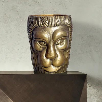 Zdjęcie produktu dla WOHNLING Wazon Głowa Lwa 21 cm Aluminiowy złoty wazon na kwiaty Wazon stołowy Dekoracja domu Okrągły