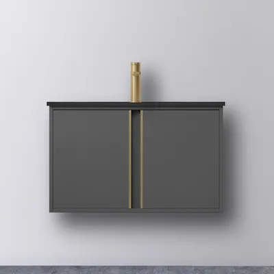 Produktbild von Badmöbel Set mit Waschbecken 80 cm Schwarz Gold Marmor-Textur Felsplatte Waschtisch mit Unterschrank Hängeschrank Dunkelgrau