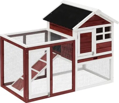 Produktbild von PawHut 2-stöckiger Outdoor-Holzstallkäfig für Kaninchen und kleine Haustiere mit offener Fläche, Asphaltdach, abnehmbarem Tablett und Rampe, 122 x 62,6 x 92 cm, Braun