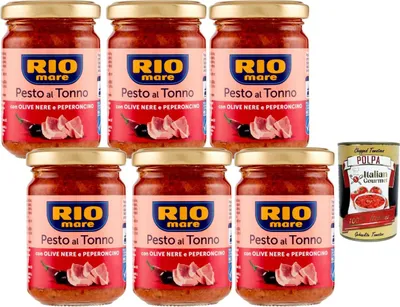 Produktbild von Rio Mare Pesto al Tonno mit schwarzen Oliven & Peperoncino 6x130g würzige Sauce für Pasta & Brotaufstriche im Glas + Italian Gourmet polpa