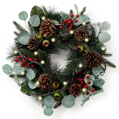 Produktbild von Weihnachtskranz 46cm mit LED-Lichtern Rot Grün Tannenzapfen Beeren wetterfest
