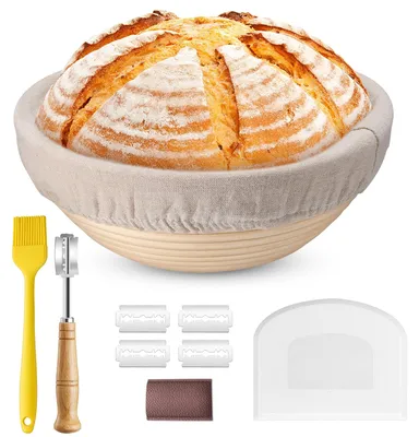 Productafbeelding van Broodmand van 23 cm, rond, inclusief bakmes, deegschraper en bakkwast, ideaal voor thuisgebruik en professionals