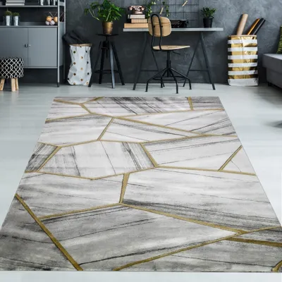Produktbild von Wohnzimmerteppich geometrisches Muster in grau gold Größe - 80 x 150 cm