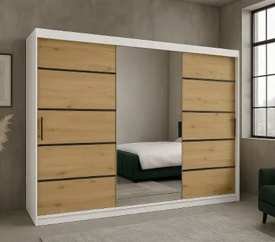 Zdjęcie produktu dla Szafa przesuwna RIO-3 180 cm, kolor Dąb Artisan/Biały, z dużym lustrem, z drążkami, półkami, srebrne lub czarne listwy, prosty montaż
