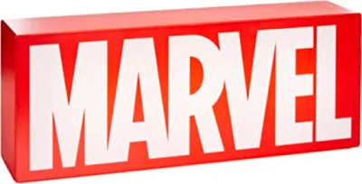 A red rectangular light box with the white MARVEL logo on it.