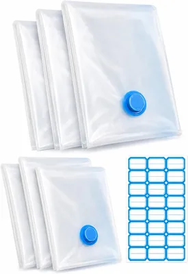 Produktbild von Vakuumbeutel für Kleidung – Set mit 6 Stück – (3 Stück mit den Maßen 30 x 40 cm und 3 Stück mit den Maßen 40 x 60 cm) – mit Etikett – Wiederverwendbar und luftdicht