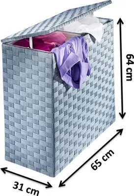 A laundry basket with clothes inside, with dimensions indicated.
